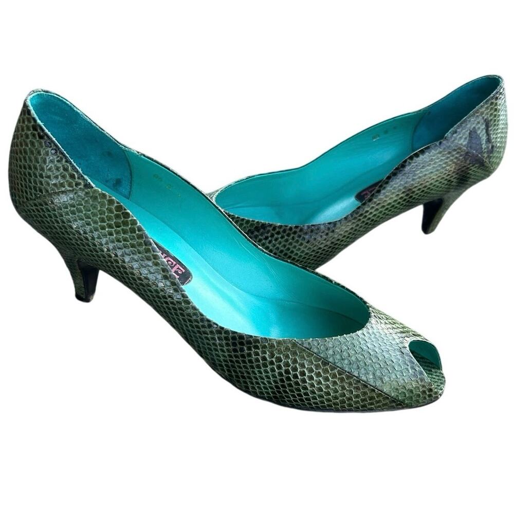 Vintage Caprice Genuine Snakeskin Pumps Green Peep Toe Kitten Heel Shoes 8B